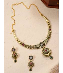 Indian Traditional Gold-plated Floral Red & Green Stone Necklace Set With Earrings RAS0338
