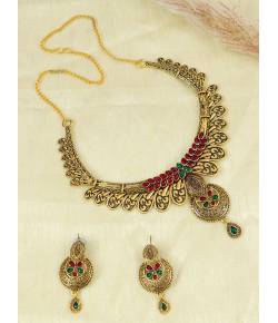 Traditional Indian Gold-Plated Floral Antiquue Design Red & Green Stone work Necklace Set with Eariings RAS0340