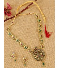 Traditional Long Gold-Plated Peacock Design Necklace Set With Earrings RAS0348