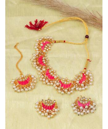 Ethnic Moon Design Chandbali Pink Necklace with Earring & Maang Tika RAS0351