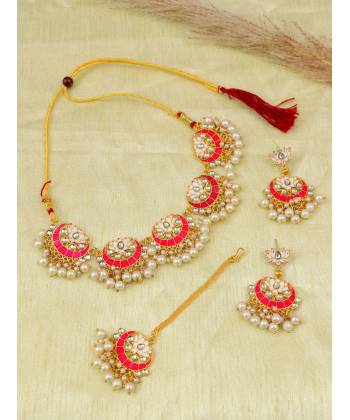 Ethnic Moon Design Chandbali Red  Necklace with Earring & Maang Tika RAS0358