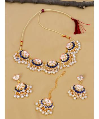 Ethnic Moon Design Chandbali Blue Necklace with Earring & Maang Tika  RAS0359