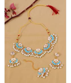 Traditional Ethnic Beautiful Moon Design Chandbali Sky Blue Necklace with Earring & Maang Tika RAS0360