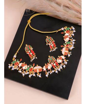 Gold-Toned Beaded Doli Barati Shaped Meenakari Choker Jewellery Set RAS0366
