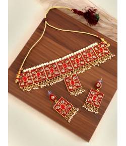 Gold-plated Rajasthani Choker Set in Red Color Meena and Kundan Work Jewellery Set RAS0367
