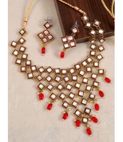 Traditional Gold-plated Kundan Red Stone & Pearl  Work Necklace With Earring Set RAS0370