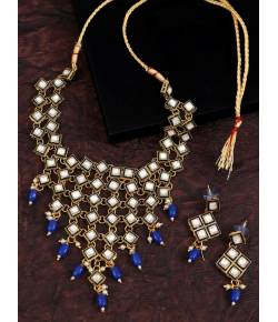 Traditional Gold-plated Kundan Blue Stone & Pearl  Work Necklace With Earring Set RAS0372