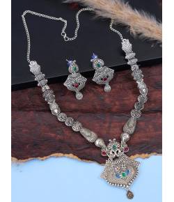 Traditional  Silver-Plated Multicolor Stone Work  Long Necklace Set With Earrings RAS0381