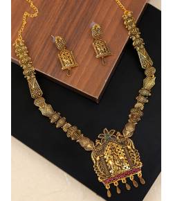 Gold-Plated Traditional Temple Kemp Shri Krishna Square Pendant Necklace & Earring Sets RAS0382
