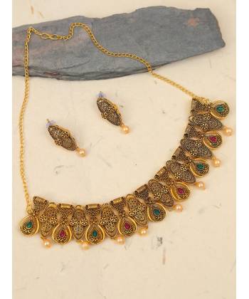 Traditional Gold-Plated Red & Green Kundan Work Jewellery Set  RAS0384