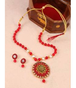 Traditional Gold-Plated Red Pearl Studded Pendant Necklace & Earrings Set RAS0390