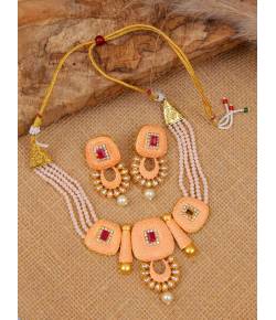 Traditional Gold Plated Peach Pearl & Kundan Choker Necklace & Earring Set RAS0402