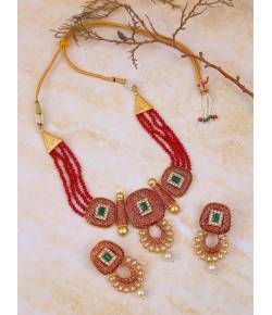 Traditional Gold Plated Royal Red Pearl & Kundan Choker Necklace & Earring Set RAS0403