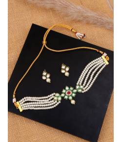 Gold-Plated  White Pearl Kundan Choker Necklace & Earrings Set RAS0408