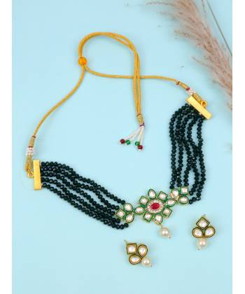 Classy Gold-Plated  Green Pearl Kundan Choker Jewellery  Set RAS0410