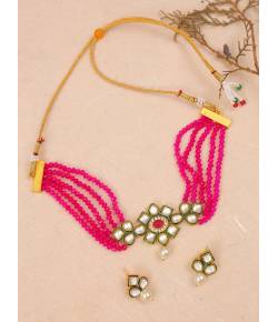 Classy Gold-Plated  Pink Pearl Kundan Choker Necklace & Earrings Set RAS0411