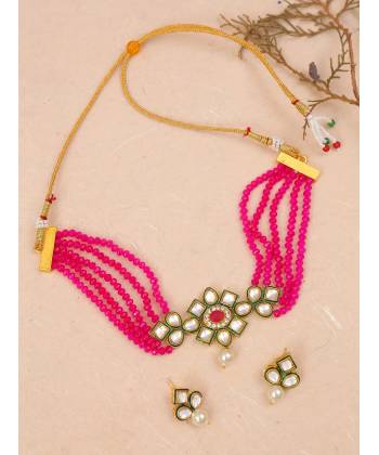 Classy Gold-Plated  Pink Pearl Kundan Choker Necklace & Earrings Set RAS0411
