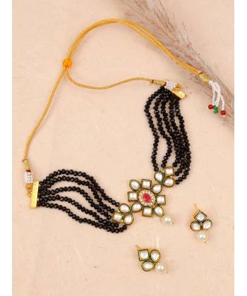 Classy Gold-Plated  Black Pearl Kundan Choker Necklace & Earrings Set RAS0412