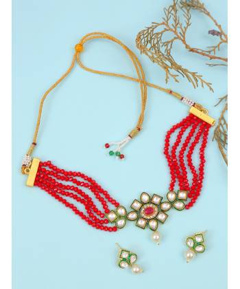 Classy Gold-Plated  Red Pearl Kundan Choker Necklace & Earrings Set RAS0413