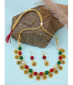 Gold-Plated Multicolor Beads Choker  Necklace & Earring Set  RAS0419