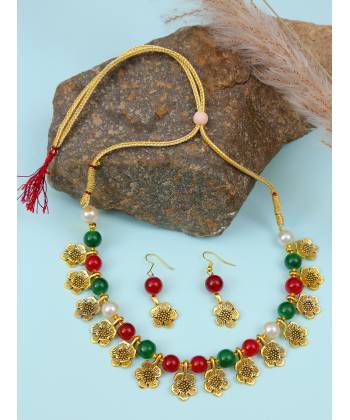 Gold-Plated Multicolor Beads Choker  Necklace & Earring Set  RAS0419