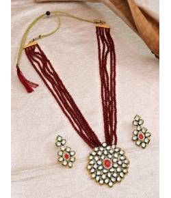 Crunchy Fashion  Kundan & Stone Mehroon Pearl Multilayer Jewellery  Set  RAS0432