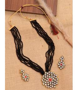 Crunchy Fashion  Kundan & Stone Black Pearl Multilayer Jewellery  Set RAS0435