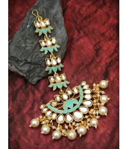 Traditional Oversized SeaGreen Lotus Shape  Maang Tika Decorated in Stones & White Pearl  CFTK0001