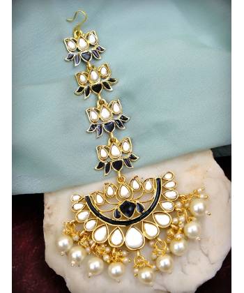 Traditional Oversized Blue Lotus Shape  Maang Tika Decorated in Stones & White Pearl CFTK0002