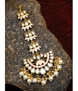 Crunchy Fashion Traditional Oversized Pink Lotus Shape  Maang Tika Decorated in Stones