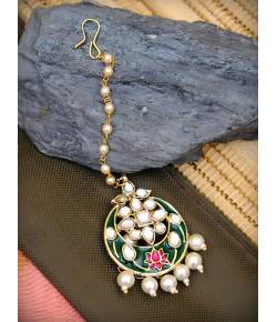 Crunchy Fashion  Gold Plated Traditional Kundan & Mennakari Green Half Moon Shape Maang Tikka CFTK0008