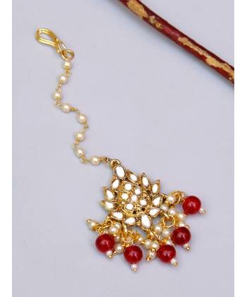 Beautiful Traditional Golden kundan and Meenakari  Red Pearls Maang Tikka CFTK0012