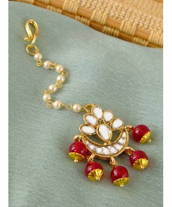 Traditional Golden Chand shape Red Pearl Beads Kundan Maang Tika CFTK0013