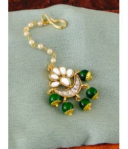 Traditional Golden Chand shape Green  Pearl Beads Kundan Maang Tika CFTK0014