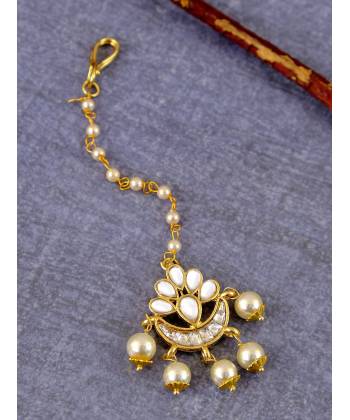 Traditional Chand Shape Golden  Pearl Beads  Kundan Maang Tika CFTK0015