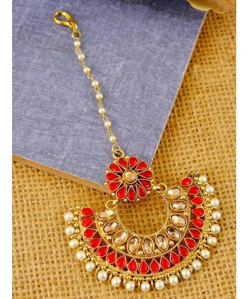 Golden Traditional Oversized  Floral Red  Kundan  Pearl Beads Maang Tika  CFTK0016