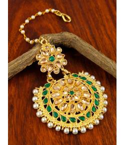Golden Traditional Oversized  Floral Green Kundan  Pearl Beads Maang Tika  CFTK0020