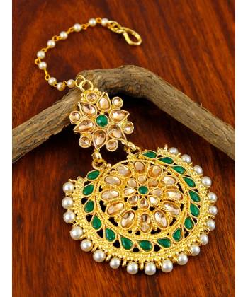 Golden Traditional Oversized  Floral Green Kundan  Pearl Beads Maang Tika  CFTK0020