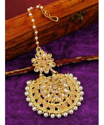 Golden Traditional Oversized  Floral Kundan  White Pearl Beads Maang Tika  CFTK0021