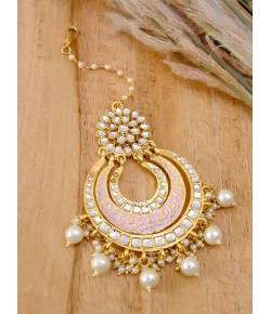 Traditional Kundan Work  Pink Chandbali Design  Heavy Manng Tika With White Pearl CFTK0027