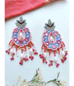 Pink-Sky Blue Handmade Beaded Floral Earrings  for Haldi Mehndi