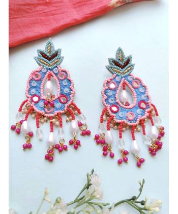 Pink-Sky Blue Handmade Beaded Floral Earrings  for Haldi Mehndi