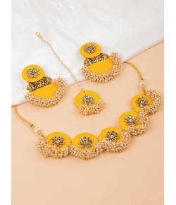 Meher Yellow Fabric Jewellery Set- Kundan Studded Handmade