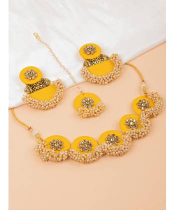Meher Yellow Fabric Jewellery Set- Kundan Studded Handmade