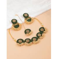 Meher Green Fabric Jewellery Set- Kundan Studded Handmade