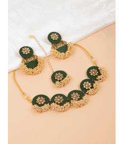 Meher Green Fabric Jewellery Set- Kundan Studded Handmade