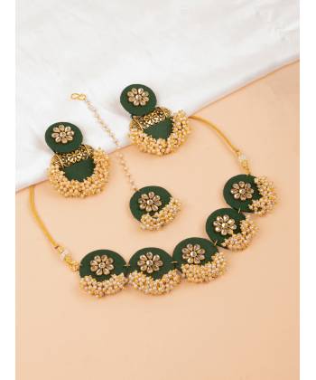 Meher Green Fabric Jewellery Set- Kundan Studded Handmade